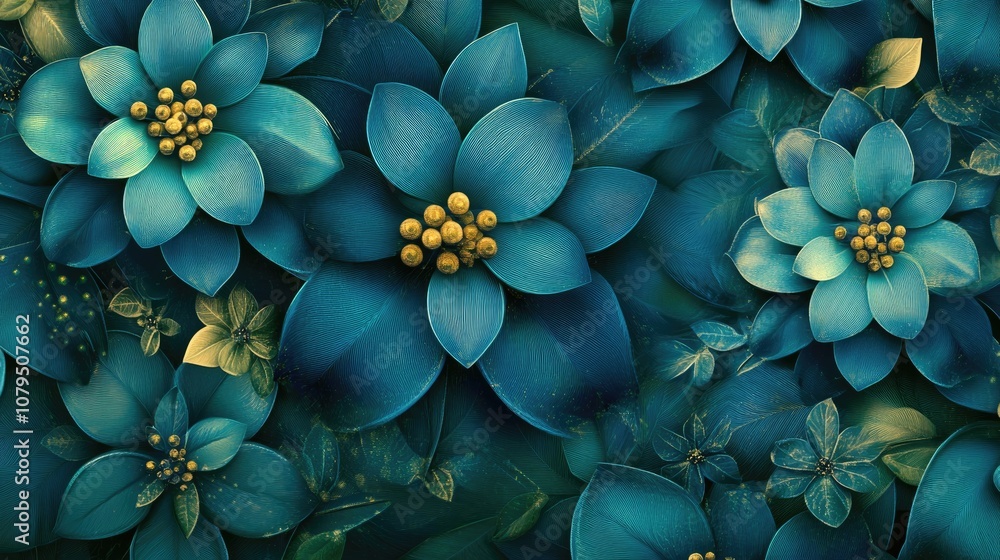 Poster floral pattern textured blue and green fractal artwork designs in 3d cartoon rendering for versatile