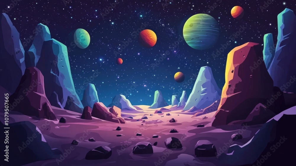 Poster 2d illustration in a 3d cartoon rendering style space themed artwork features deep vast surroundings