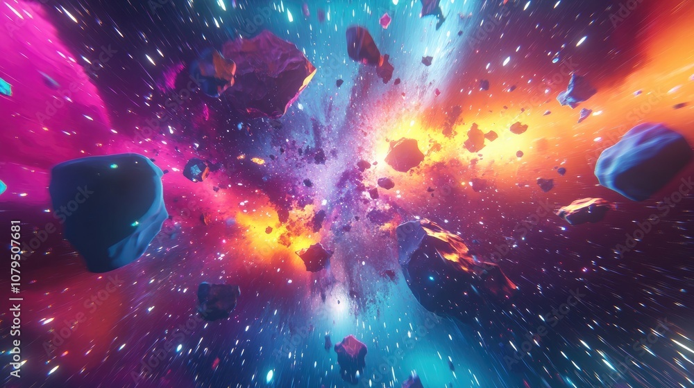 Poster Colorful abstract background image featuring a surreal explosion vibrant stars and asteroids in a 3D cartoon rendering of a space nebula 3D illustration