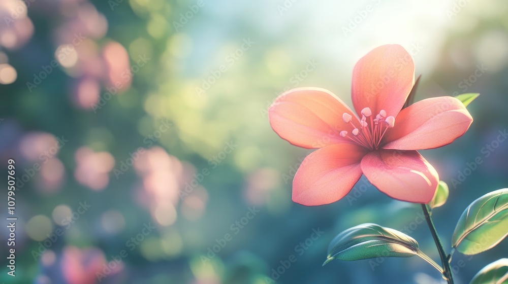 Poster summer pink flower on a blurred background in a 3d cartoon rendering