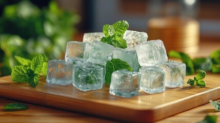 Fresh mint leaves and ice cubes on wooden board.