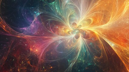 Abstract multicolored backdrop featuring a fractal star explosion with shine and intricate lines