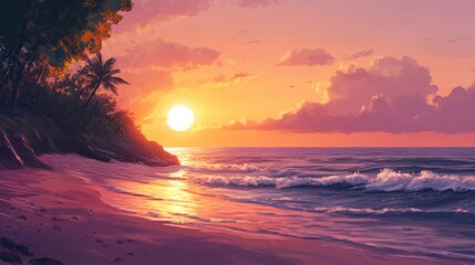 Sunset over a tranquil beach with gentle waves lapping at the shore creating a serene and picturesque atmosphere