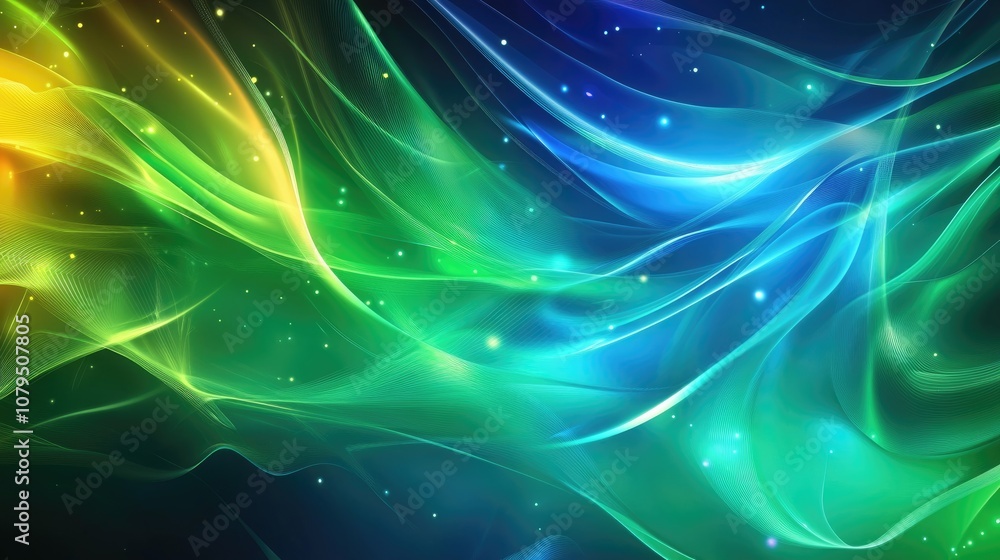 Aufkleber Abstract semi chaotic gradient of green and blue shapes with energy lines and flows in a 3D cartoon rendering enhanced by colorful highlights against a moody background Creative visual for upcomin
