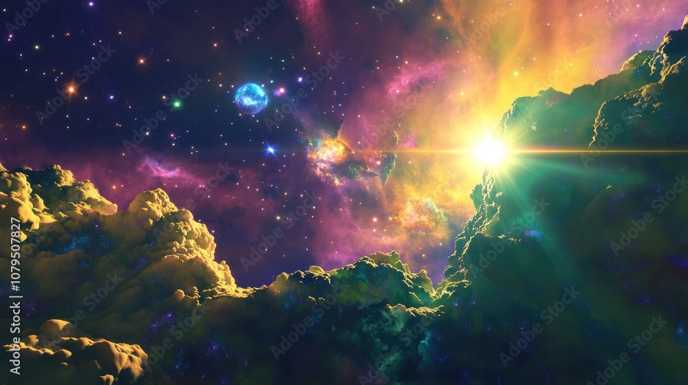 Poster Colorful space nebula in a 3D cartoon rendering