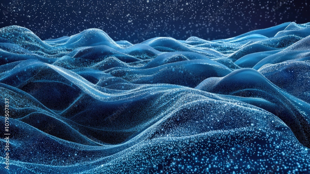 Poster abstract arrangement of points on a blue backdrop disordered waves in a cosmic setting vast data vis