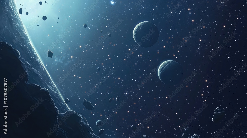 Aufkleber 2d illustration featuring a cartoon depiction of deep vast space complete with stars planets and moo
