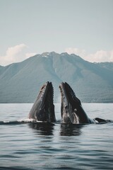 Two humpback whales breaching the surface near a mountainous landscape.