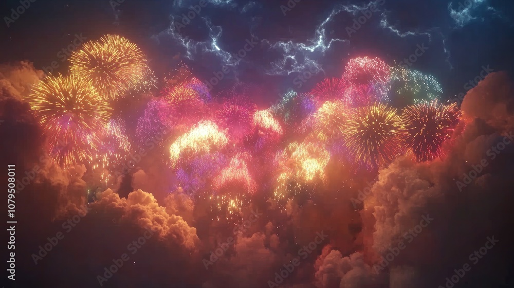 Aufkleber Colorful pyrotechnics display in a 3D cartoon rendering featuring abstract fireworks against a dark sky with clouds for festival celebrations