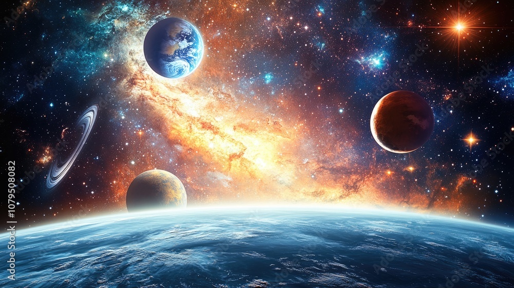 Poster celestial bodies in the universe with a backdrop of stars and galaxies in open space