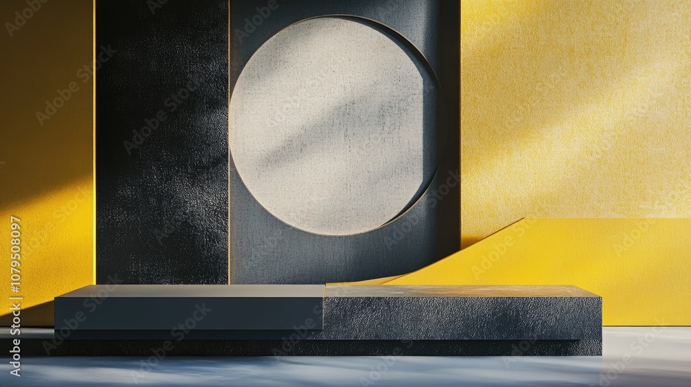 Poster 3d rendering of an abstract geometric composition in yellow and gray featuring a podium minimalist s