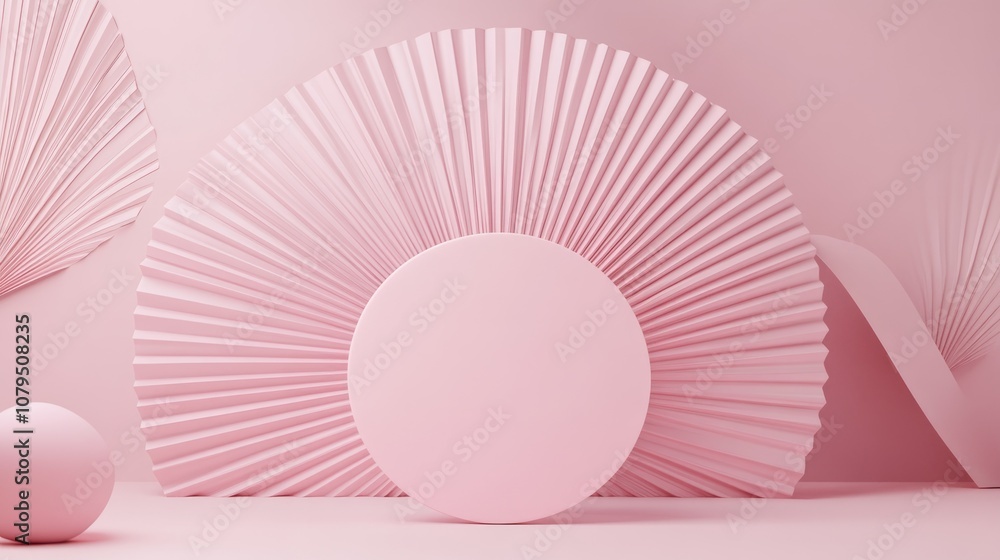 Poster a mock pink circle designed for showcasing a product sample set against a pastel pink fan shaped bac