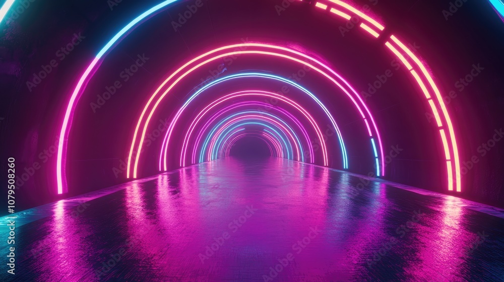 Aufkleber Endless neon lights create a 3D cartoon rendering of a cyber data VR tunnel featuring motion graphics and a futuristic aesthetic in a high quality 4K stock image