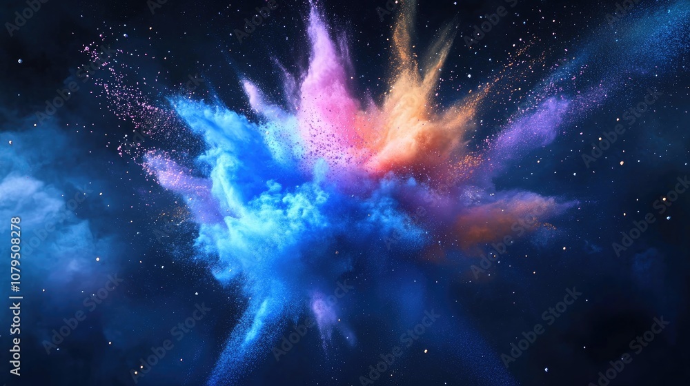 Poster blue powder explosion on a black background featuring a colorful dust cloud in a 3d cartoon renderin