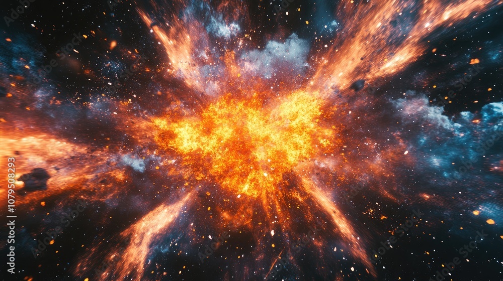 Poster Fiery explosion in space depicted in 3D cartoon rendering Abstract illustration of the universe