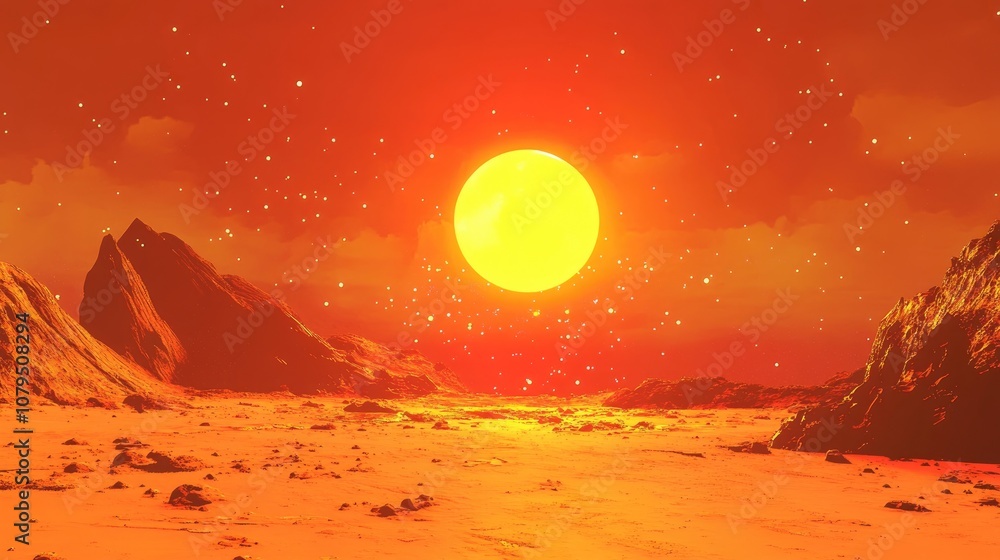 Poster 3D cartoon rendering depicting a desolate planet in a red nebula illuminated by a sun