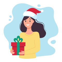 Young dark-haired woman holding a gift. Christmas design. Vector simple flat illustration