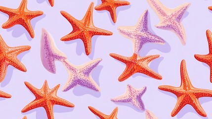 Seamless pattern featuring scattered orange red starfishes on a light purple background