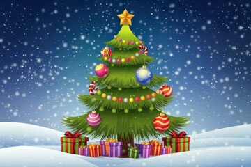 Colorful Christmas Tree Ornaments Gifts Snowy Winter Wonderland - Holiday Marketing Seasonal Celebrations