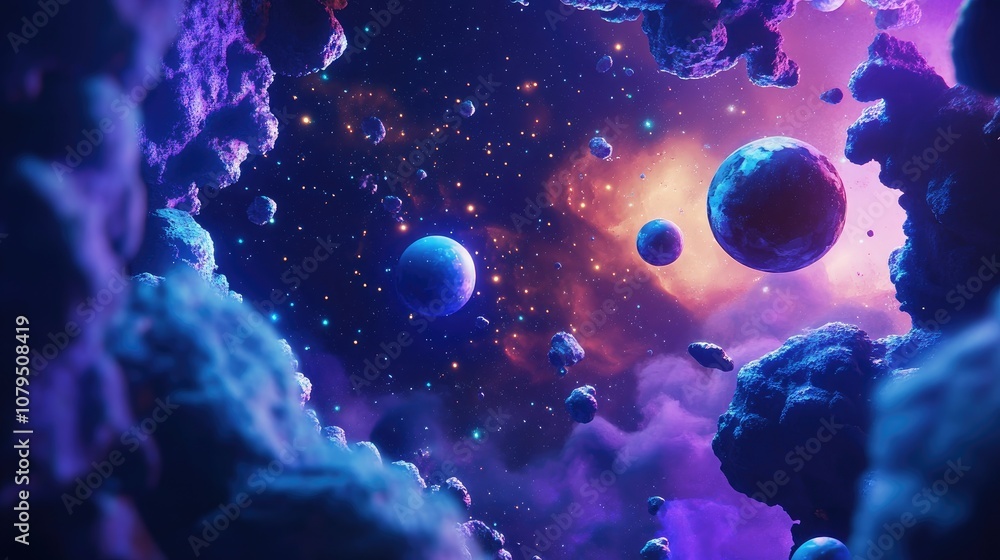 Poster 2d illustration featuring a 3d cartoon rendering of vast deep space showcasing stars planets moons a