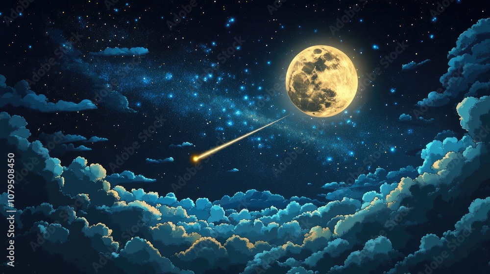 Poster Full Moon Milky Way and shooting star in a dark sky with clouds in a 3D cartoon rendering
