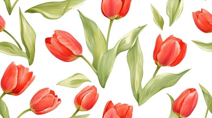 Seamless pattern featuring hand drawn red tulip flowers and green leaves on a white background botanical illustration