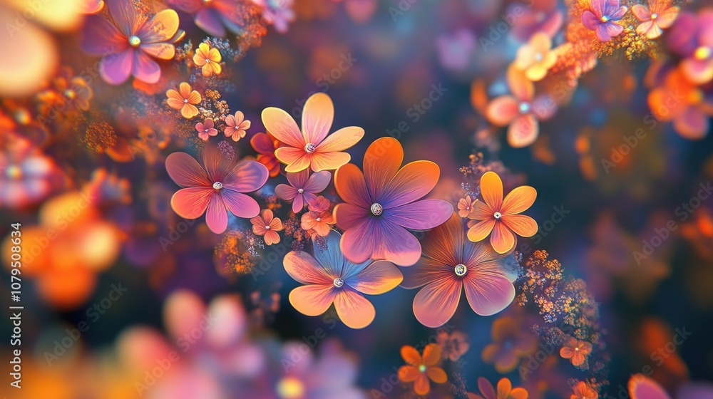 Poster beautiful abstract background with a 3d cartoon rendering colorful floral fractal art in a graphic m