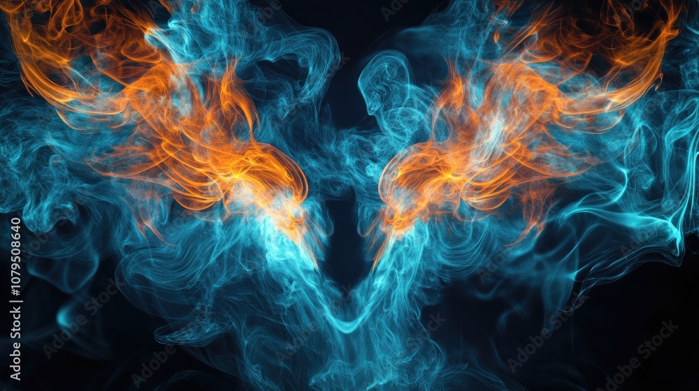 Poster Abstract pattern of colored smoke backlit in blue and turquoise forms the head of a mystical creature with wings in a 3D cartoon rendering against a black isolated background symbolizing soul and