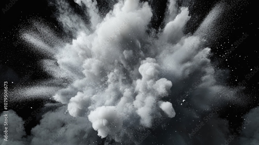 Poster White dust explosion in freeze motion on a black background featuring a 3D cartoon rendering of the explosive powder