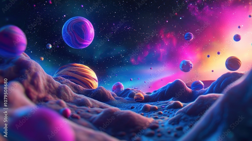 Poster beautiful colors of outer space in 3d cartoon rendering