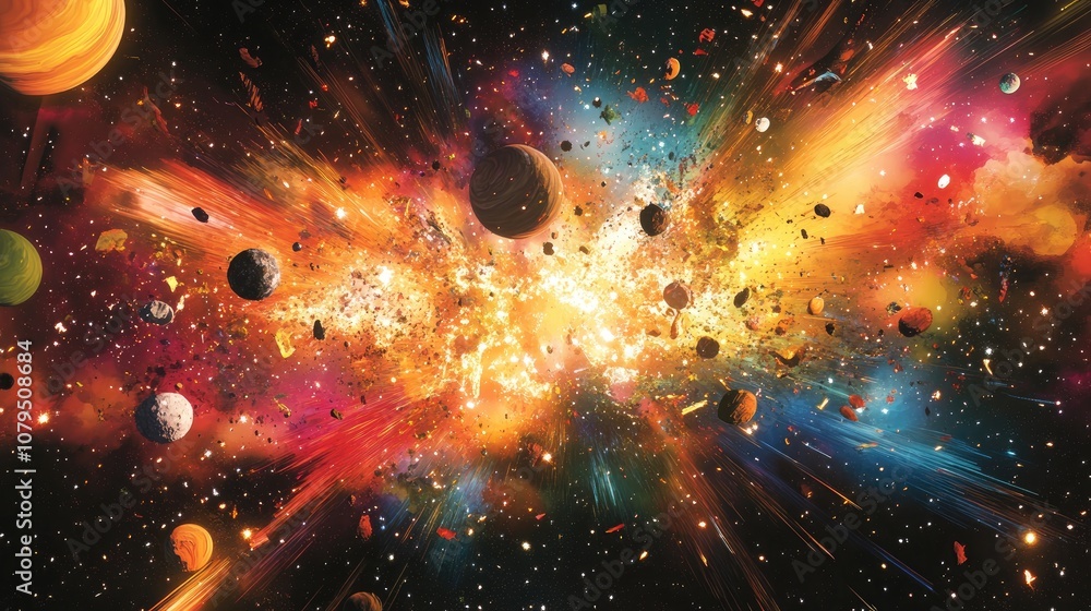 Poster Spectacular multicolored illustration featuring particles and rays showcasing abstract forms and planets related to science captured in a 3D cartoon rendering An explosion of stars in space