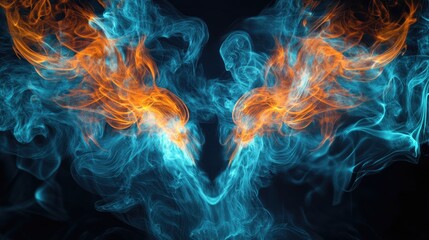 Fototapeta premium Abstract pattern of colored smoke backlit in blue and turquoise forms the head of a mystical creature with wings in a 3D cartoon rendering against a black isolated background symbolizing soul and