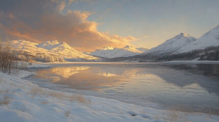 Snow-Capped Mountains Reflecting in a Frozen Lake at Sunset