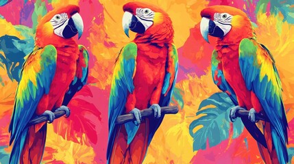 Obraz premium Seamless tropical pattern featuring colorful parrots on a vibrant background ideal for fabric design and home decor