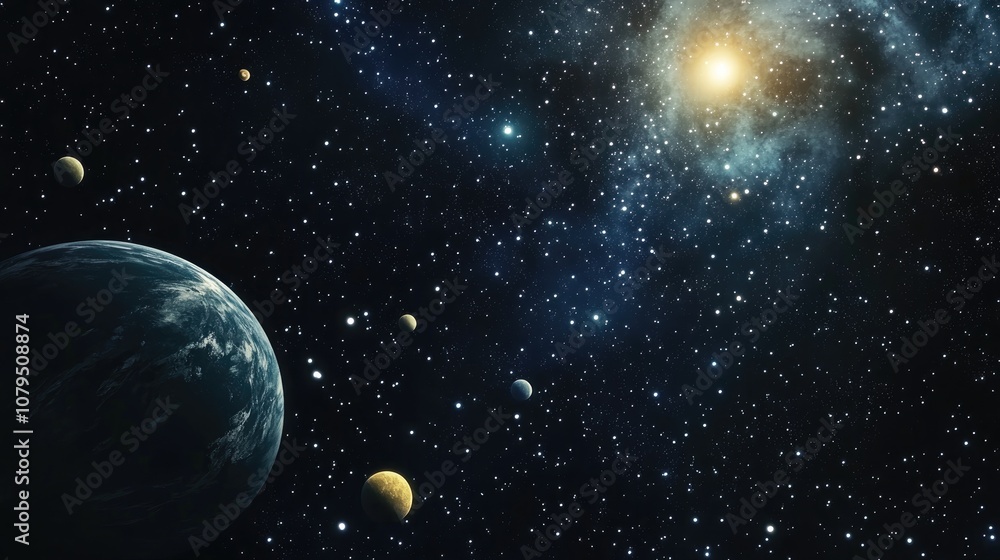 Poster 2d illustration featuring a 3d cartoon rendering of a deep vast space with bright stars planets and 