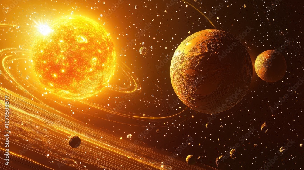 Poster Alien planetary system with satellite in a 3D cartoon rendering