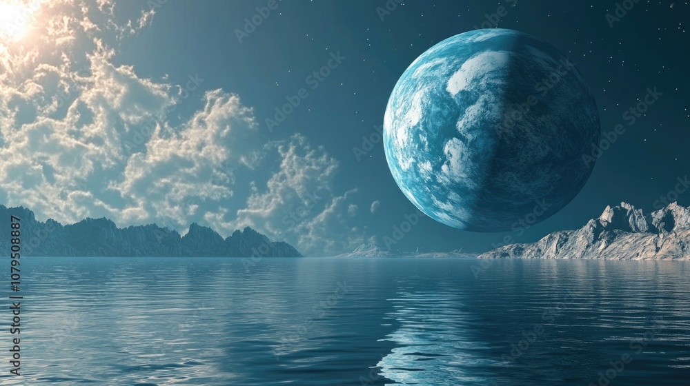 Poster exosolar planet rising over tranquil waters in 3d cartoon rendering