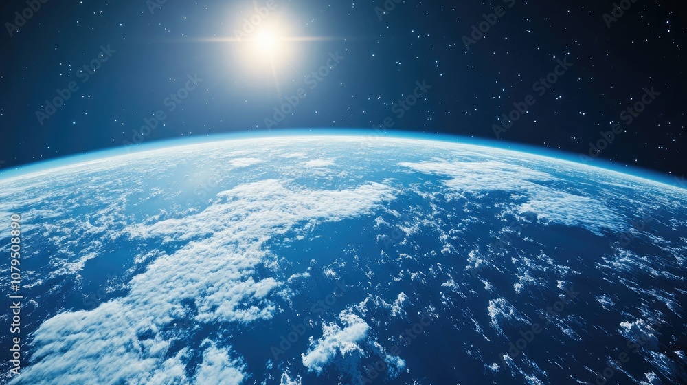 Aufkleber Blue planet Earth covered with clouds viewed from space in a realistic 3D cartoon rendering at a great distance