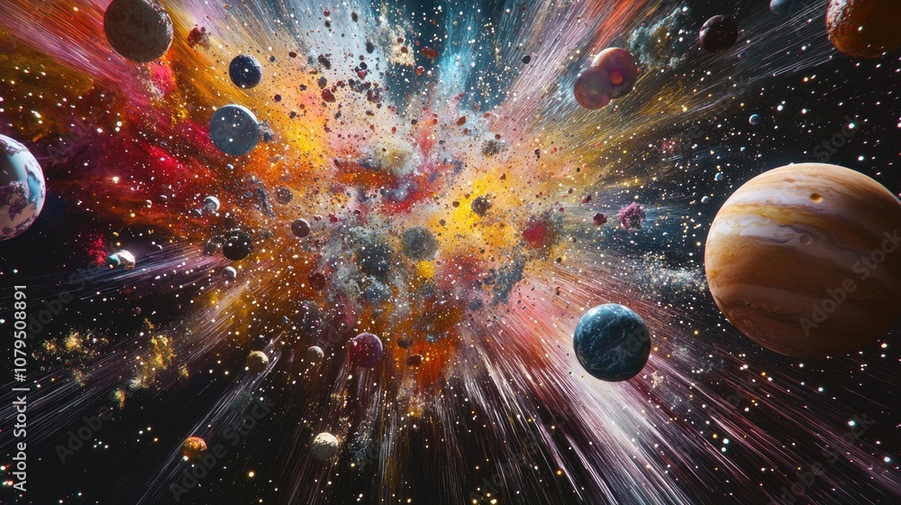 Poster Spectacular multicolored illustration featuring particles and rays showcasing abstract forms and planets related to science captured in a 3D cartoon rendering An explosion of stars in space