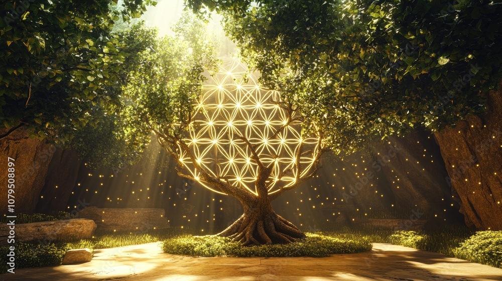 Poster 3d cartoon illustration featuring the flower of life and tree of life depicting sacred geometry with