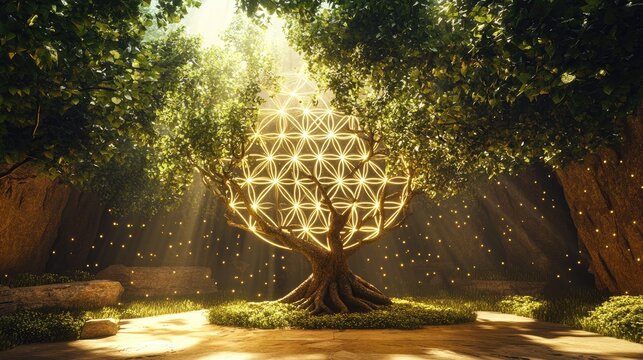 3D cartoon illustration featuring the Flower of Life and Tree of Life depicting sacred geometry with interlocking circles triangles and luminous particles in a spiritual new age and futuristic sty