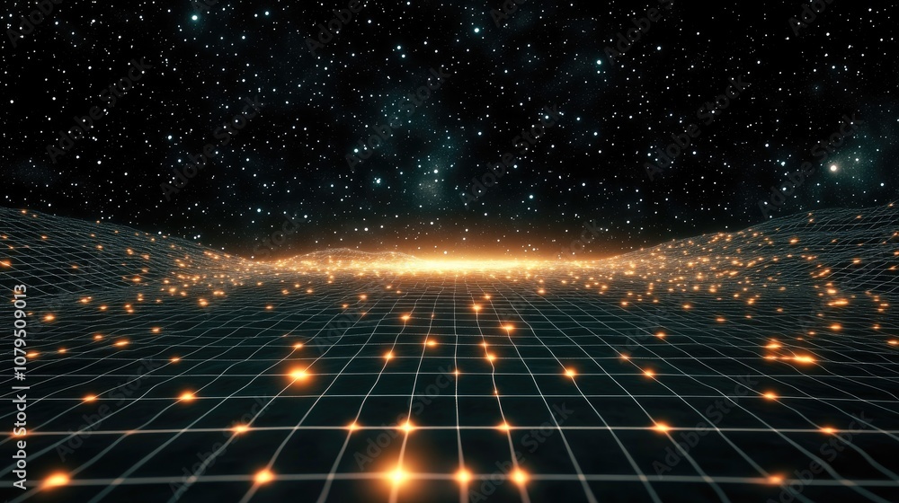 Aufkleber Abstract landscape in a dark background with a star horizon featuring a cyberspace grid and hi tech network in a 3D cartoon rendering Starry outer space texture 3D illustration