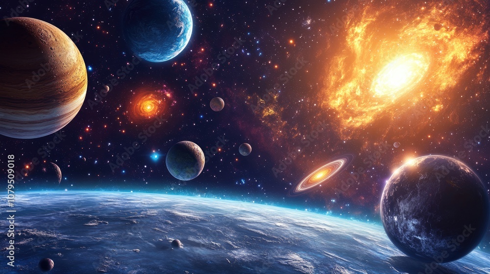 Poster a 3d cartoon depiction of a vibrant cosmos featuring bright stars planets and moons diverse science 
