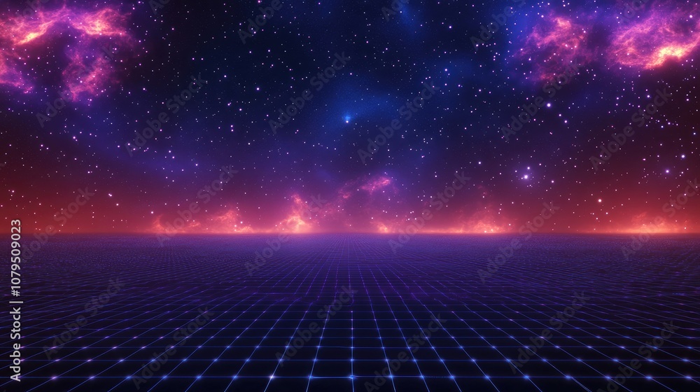 Poster Abstract landscape in a dark background with a star horizon featuring a cyberspace grid and hi tech network in a 3D cartoon rendering Starry outer space texture 3D illustration
