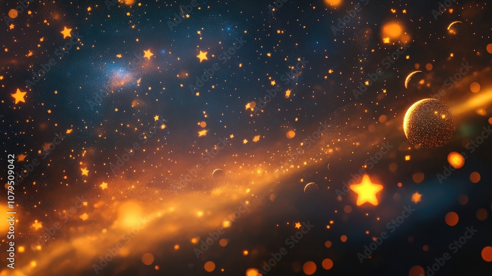 Poster Cartoon rendering in 3D depicting stars in a planet and galaxy within open space