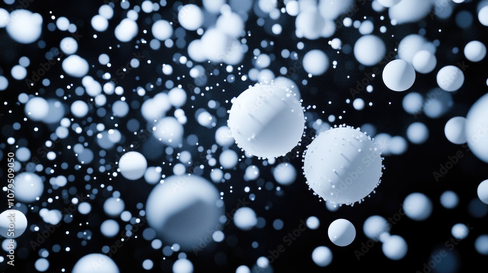 Poster Freeze motion of white particles on a black background in 3D cartoon rendering