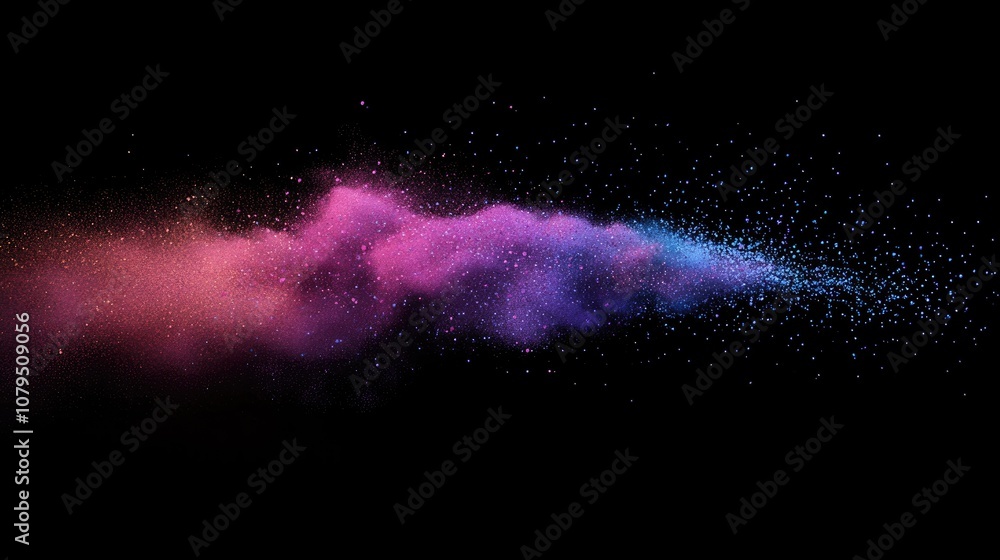 Poster Abstract powder splatted background in a 3D cartoon rendering capturing the freeze motion of color powder exploding and throwing color with a vibrant glitter texture against a black backdrop