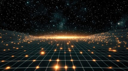 Obraz premium Abstract landscape in a dark background with a star horizon featuring a cyberspace grid and hi tech network in a 3D cartoon rendering Starry outer space texture 3D illustration