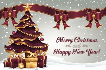 Merry Christmas and Happy New Year - Festive Christmas Tree Colorful Gifts Snowy Winter Wonderland - Holiday Marketing, New Year Celebrations, Xmas Greeting Cards