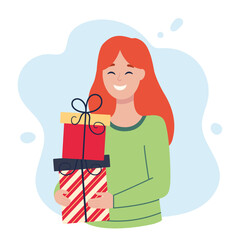 Happy red-haired woman with gifts. Christmas design. Vector simple flat illustration